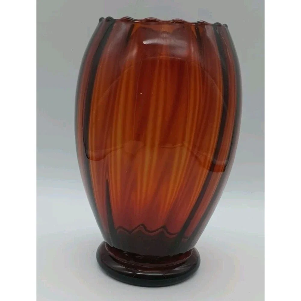 Vtg Amber Optic Glass Vase Scalloped Rim Ribbed Fall Orange Brown